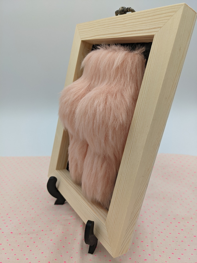 Side view of a framed piece of art featuring a pink fluffy object in a pine wooden frame with a black background.