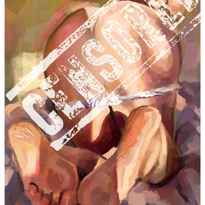 Puede incluir: Una pintura digital que representa una figura en posición de rodillas con los pies visibles en la parte inferior. Una cuerda blanca está atada alrededor de la cintura. La palabra CENSURED está impresa en letras blancas grandes en diagonal al centro.