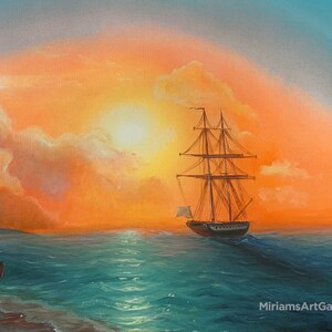 Artful Seascape Nautical Wallart Vintage Ship Painting Sunny Sky Wall Art Coastal Seaside Painting Sailing Ship Art on Canvas 22x28&quot;