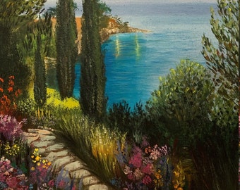 Cypress tree wallart Mediterranean Sea artwork Colorful Blossom Summer Artful Landscape Painting Colorful Floral Mountain artwork oil canvas