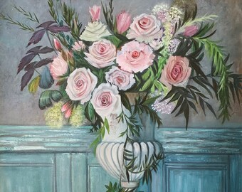 Floral Artful Painting Pink Roses Artwork Still life Flowers Teal Wall Decor Flower oil painting on canvas 22x28" Art Gift for Mom