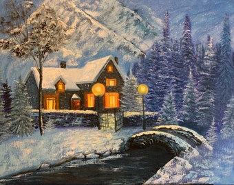 Cozy Snowy Cabin Oil Painting – 18x24 Winter Landscape Wall Art