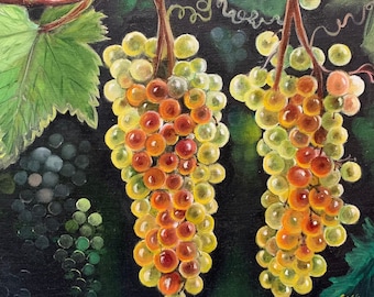 May include: A painting of three bunches of grapes hanging from a vine. The grapes are a mix of yellow and orange, and the background is dark green and black.