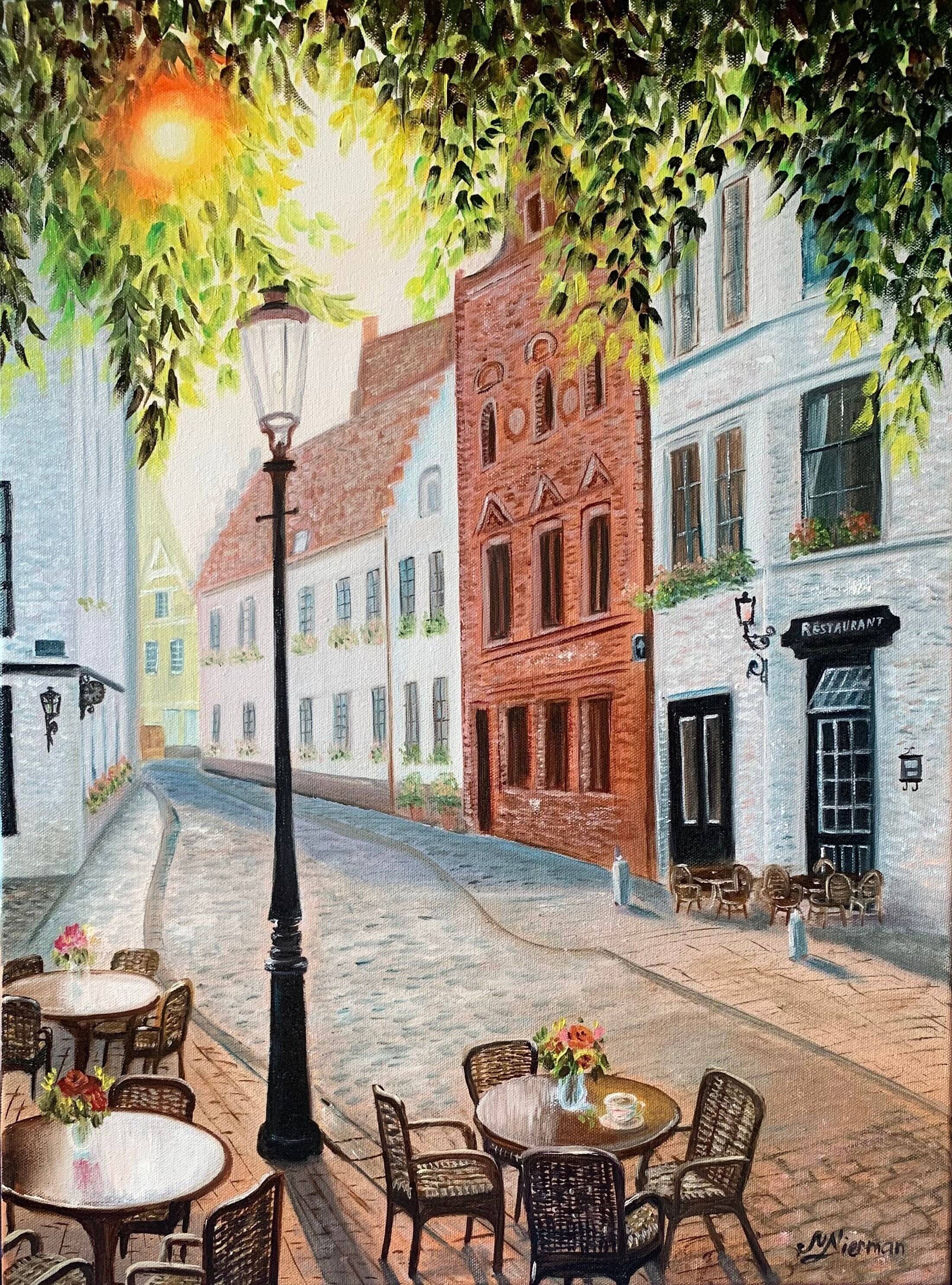 ヨーロッパ風 街並みリトグラフ 額装アート 絵画 Stevan Petrovic Original Oil Painting 18×24″ – European Street Café – Cozy Café