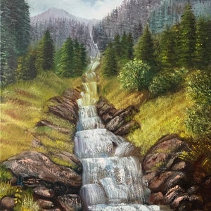Mountain Waterfall Oil Painting 18x24 – Forest Stream Landscape – Nature Wall Art on Canvas – Original River Scene Decor