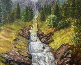 Waterfall Original Oil Painting: Mountain Forest Landscape Wall Art (18x24)