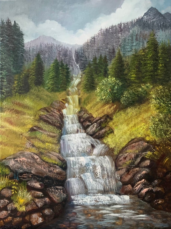 Waterfall Original Oil Painting: Mountain Forest Landscape Wall