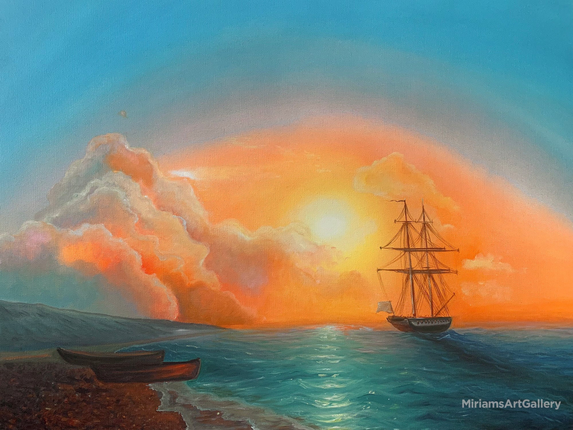 Artful Seascape Nautical Wallart Vintage Ship Painting Sunny Sky