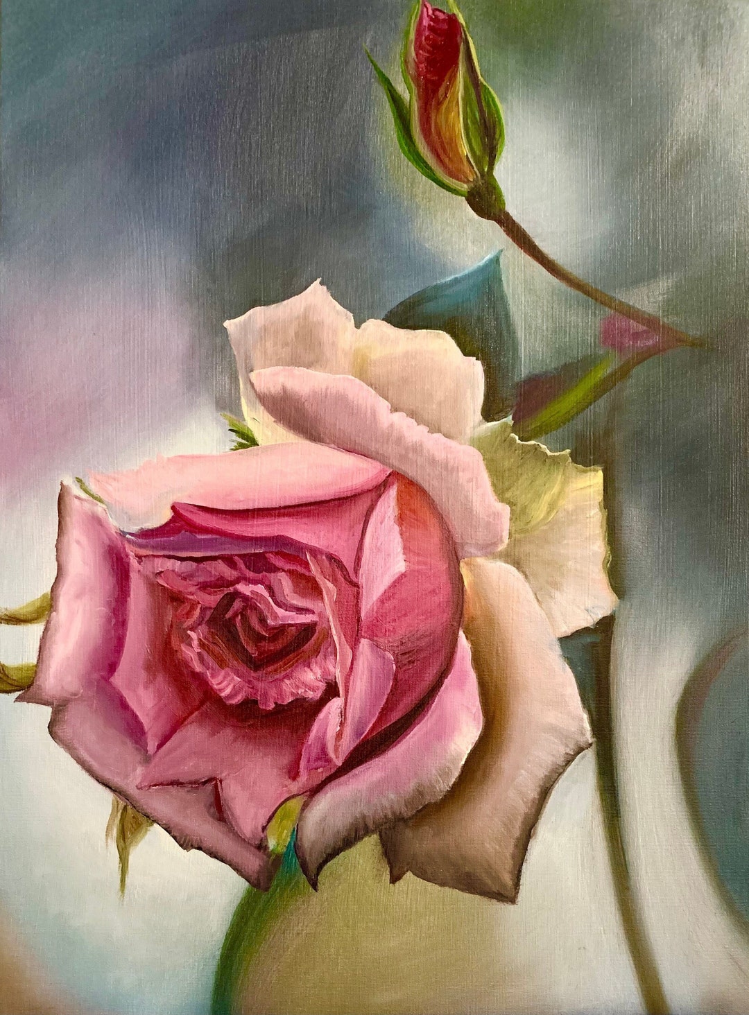 絵画 Oil painting of beautiful flowers. Oil painting wonderful landscape garden splendor with red