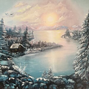 Winter Cabin Sunset Oil Painting – 16x20 Snowy Landscape Wall Art, Peaceful Lake & Pine Trees, Cabin Decor