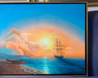 Artful Seascape Nautical Wallart Vintage Ship Painting Sunny Sky