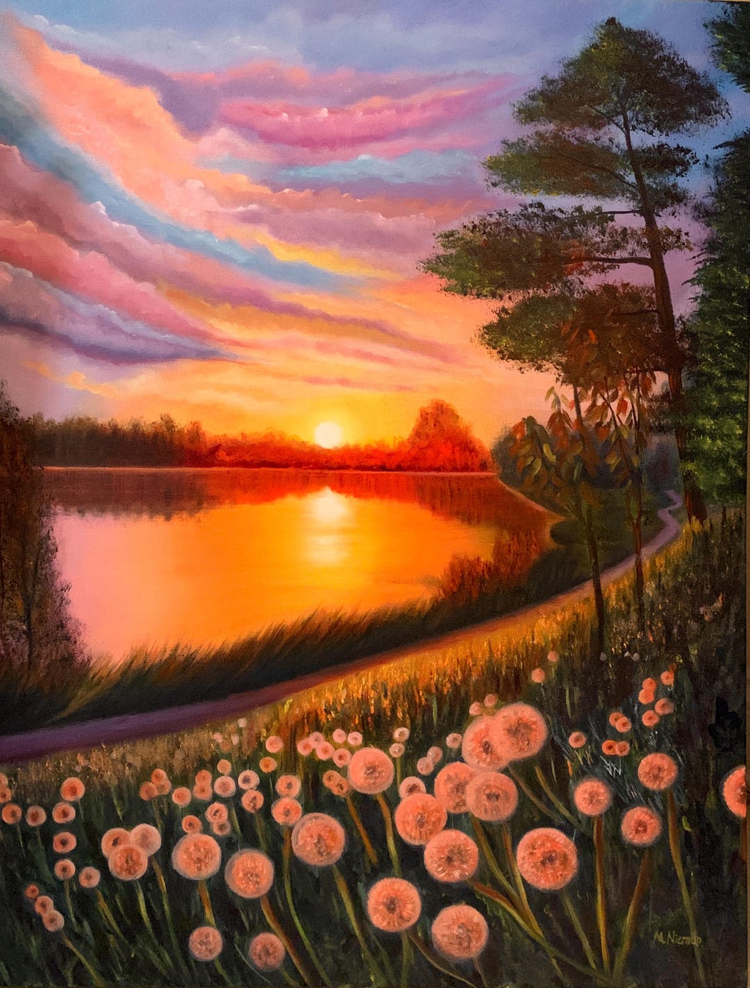 Lake Sunset Oil Painting – Dandelion Meadow Original Landscape Art ...