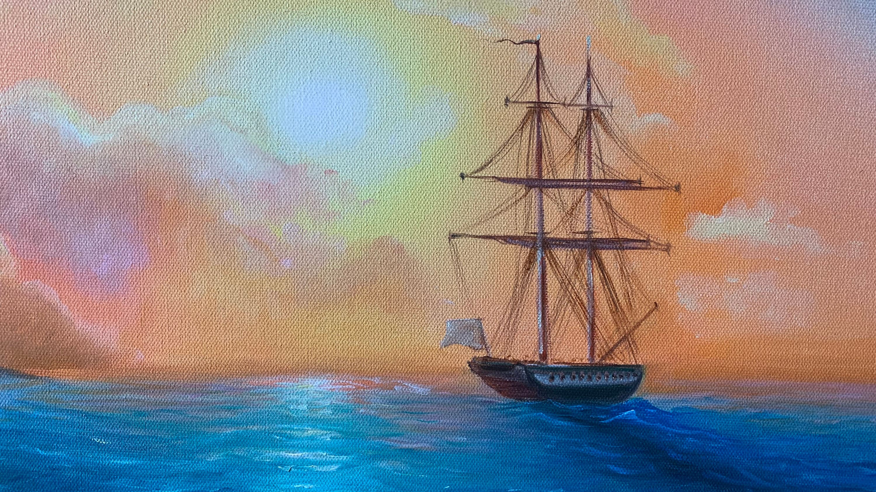 Artful Seascape Nautical Wallart Vintage Ship Painting Sunny Sky