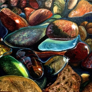 11x14 Colorful River Rock Oil Painting – Realistic Wet Stone Art – Nature-Inspired Original Canvas Wall Decor