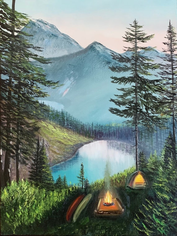 Lakeside Camping Oil Painting: Original Mountain Landscape Art