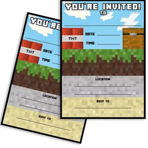 Minecraft Birthday Party Invitations - 8 Cards with Envelopes | Pixel Style Video Game Invite | Kids Gamer Party Supplies | TNT Chest Theme