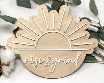 Rise and Grind - Baltic Birch, wooden sun shaped sign with acrylic cut letters and sun