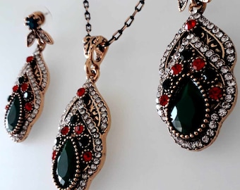 Turkish Necklace and Earrings Set, Gemstone Jewelry