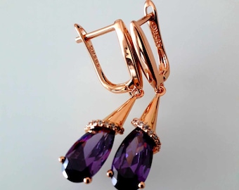 Purple Teardrop Dangle Earrings, Golden Color