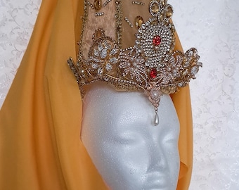 Hurrem Sultan's crown inspired by the TV Shown Magnificent Century. Unique statement & royal crown, tiara, golden headpiece for queens.