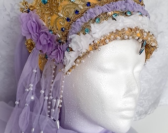 Elizabeta Kokoshnik Crown, Purple Gold Royal Statement Headpiece, Fantasy Tiara