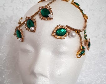 Ottoman Emerald Headpiece, Golden Ballet Hair Jewelry, Bridal Costume Accessory