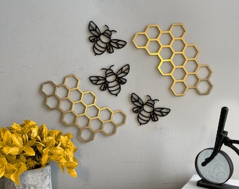 Bees & Honey Combs Signs Set Wall Decor, Farmhouse Honey Bee Honey Comb Decor, Bumble Bee Decor Decoration