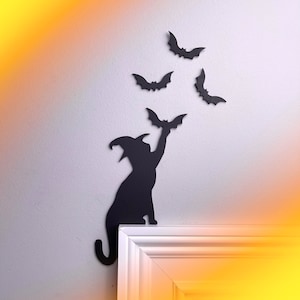 Deluxe Witch Black Cat Bat Door Topper, Black Cat Decor, Witch Cat Halloween Door Corner Decor, Cat Door Sitter, Cat Lover Gift
