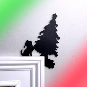 Cat Knocking Over Christmas Tree Door Topper, Christmas Cat Decor, Christmas Window Sill Door Corner Decoration, Holiday Gifts image 1