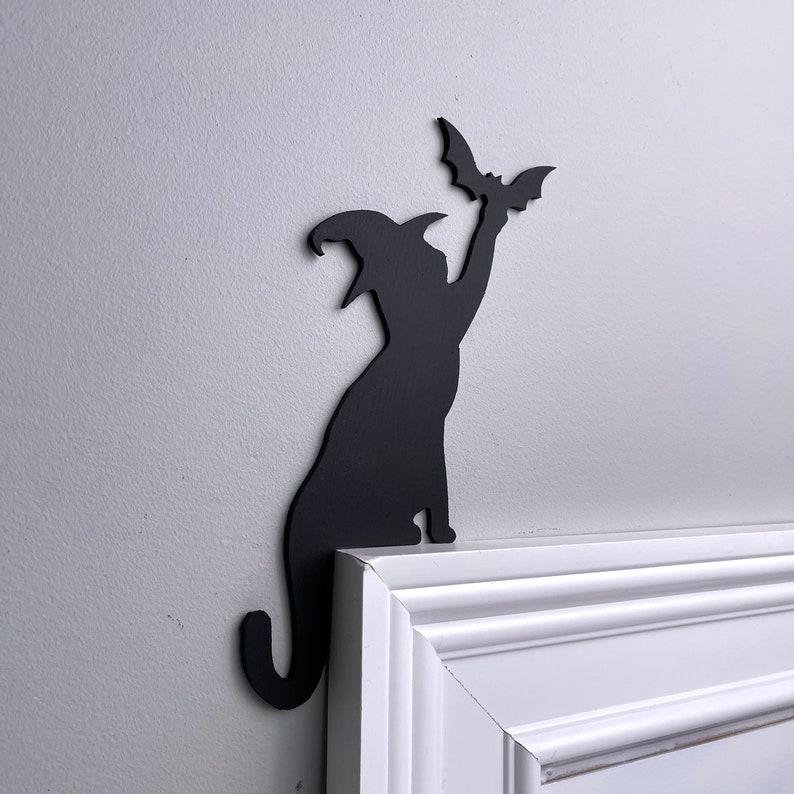 Witch Black Cat Bat Door Topper, Black Cat Decor, Witch Cat Halloween Door Corner Decor, Cat Door Sitter, Bat Door Topper, Cat Lover Gift image 2