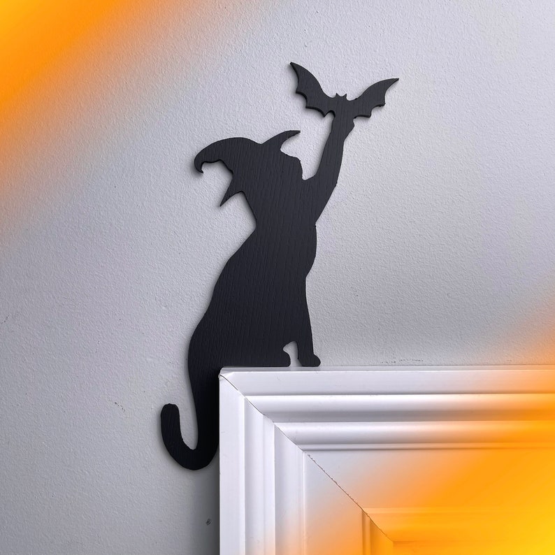 Witch Black Cat Bat Door Topper, Black Cat Decor, Witch Cat Halloween Door Corner Decor, Cat Door Sitter, Bat Door Topper, Cat Lover Gift image 1