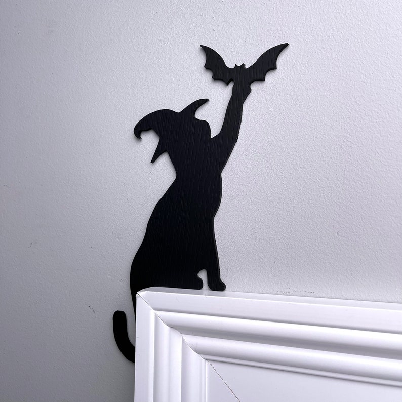 Witch Black Cat Bat Door Topper, Black Cat Decor, Witch Cat Halloween Door Corner Decor, Cat Door Sitter, Bat Door Topper, Cat Lover Gift image 3