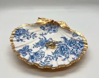 Blue and White Toile Scallop Shell Ring Dish: Coastal Jewelry Tray, Nautical Gift