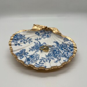 Blue and White Toile Scallop Shell Ring Dish: Coastal Jewelry Tray, Nautical Gift