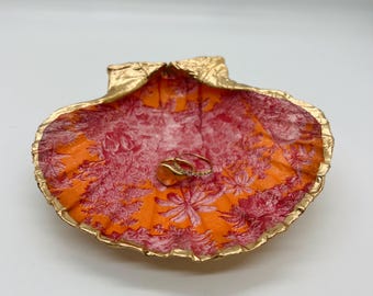Pink and Orange Toile Scallop Shell Ring Dish: Coastal Jewelry Tray, Nautical Gift