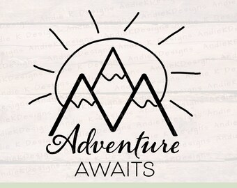 May include: Black and white graphic design featuring a sun and mountains with the text "Adventure Awaits".