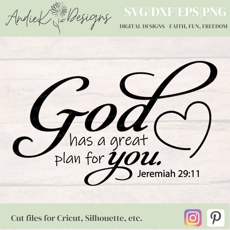 May include: Black and white digital design with the text "God has a great plan for you. Jeremiah 29:11".
