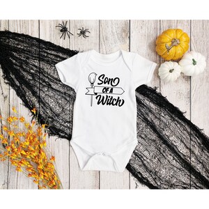 Son of a Witch Infant Fine Jersey Bodysuit, Funny and Cute Baby Boy Halloween Themed Onesie, Spooky Trick or Treat Outfit for Fall Babies