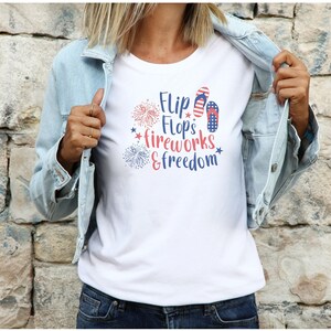 Flip Flops, Fireworks, and Freedom Unisex Jersey Short Sleeve Tee, Independence Day Summer Gift for Men and Women, Red White and Blue Pride