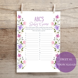 ABC Baby Shower Game with a Watercolor Wildflower Theme, Dried Purple and Pink Flower Instant Download, Baby Shower Decorations, Baby Girl