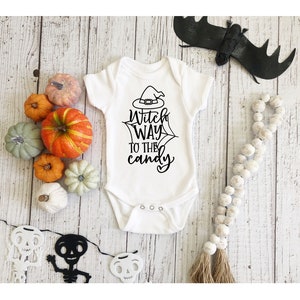 Witch Way to the Candy Infant Fine Jersey Bodysuit, Fall Autumn Halloween Onesie, Autumn Outfit for a Baby Witch, Spooky Scary Witch Tee