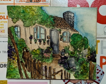 May include: Watercolor painting of a small cottage with a brown roof, a stone chimney, and a wooden fence. The cottage has two windows and a door. The yard is filled with green plants and flowers.