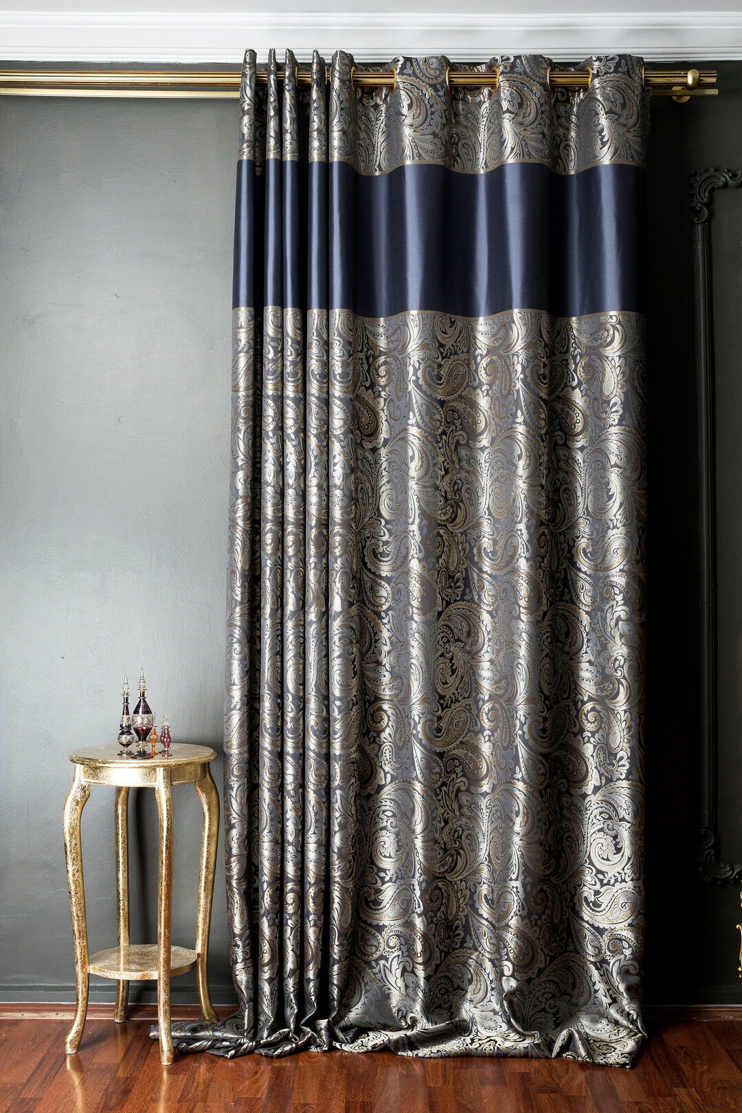 Luxury Damask Pattern Ice Blue Gray & Gold Curtain Panel for Etsy