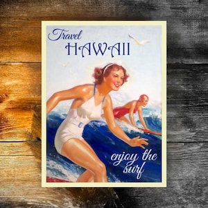 Vintage Hawaii Surf Art poster, retro wanddecoratie, strandhuiskunst, tropisch huisdecor, cadeau voor surfers, reizen print