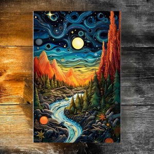 Mountain Sunset Fine Art Poster, Landscape Nature Wall Art, Pine Trees River Valley Decor, Scenic Art Print, Home Office Wall Decor