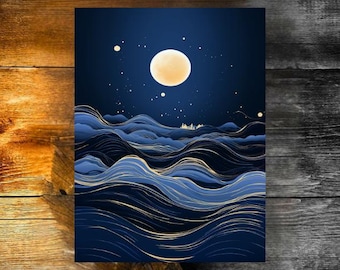 May include: A digital illustration of a full moon shining over a dark blue sea with gold lines. The moon is yellow and the sea is a deep blue with gold lines that create waves.