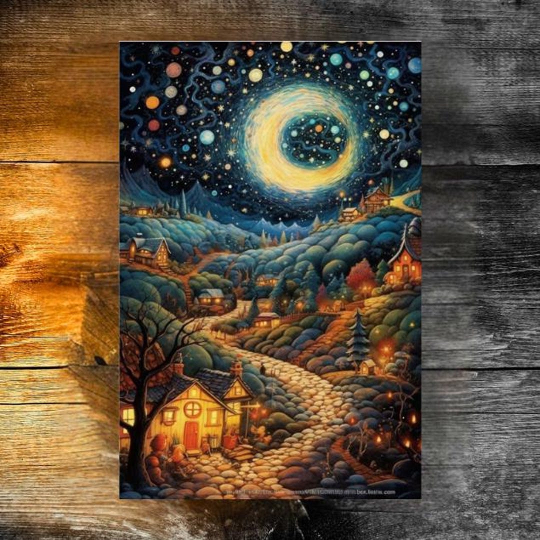 Starry Night Village Art Poster – Whimsical Celestial Landscape - Etsy