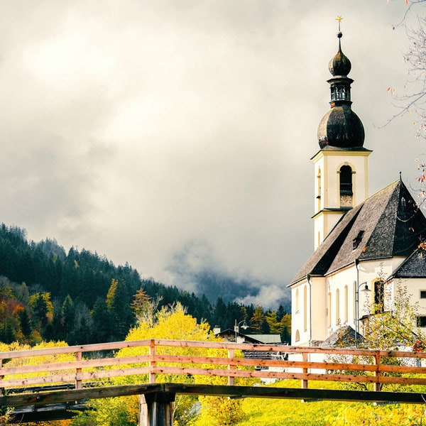 Church in the Mountainside , Beautiful Alpine landscape with Trees and Flowing Water Germany ,Bridge ,Alps, Summer ,Romantic, Old Country