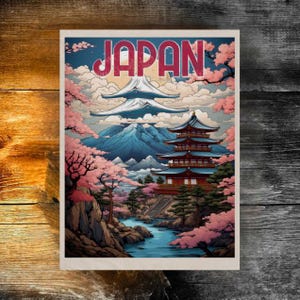 Vintage Japanese travel poster, cherry blossom trees with Mount Fuji ,Art Deco , Japan Print, Vintage Wall Art,