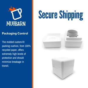 May include: White styrofoam packaging for a mug. The packaging is designed to protect the mug during shipping. The text "Secure Shipping" is printed on the image.